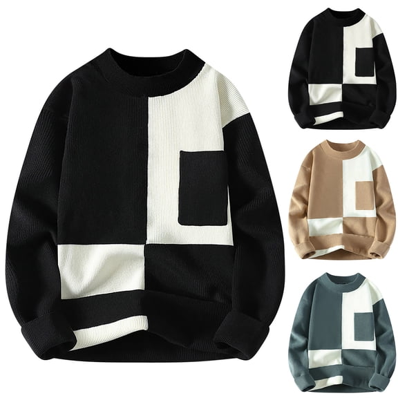 Miluxas Men's Contrast Color Casual Knit Sweater Crew Neck Sweater Long Sleeve Crew Neck Top Khaki