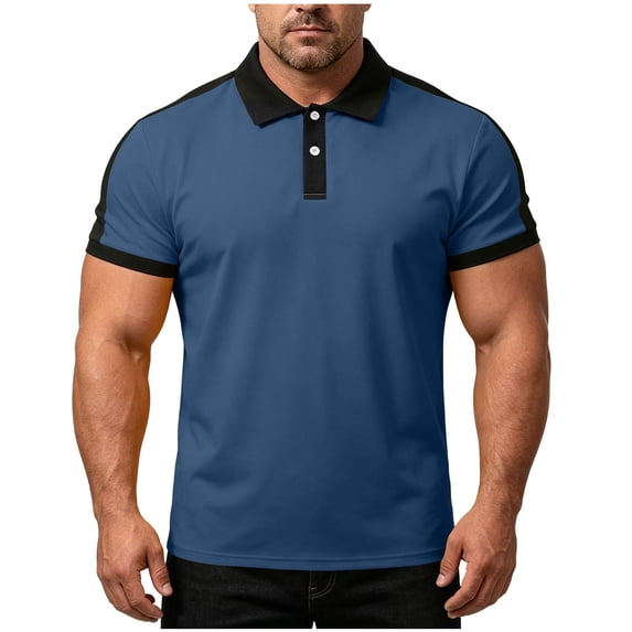 Miluxas Men's Contrast Trim Short Sleeve Polo Shirts Button Up Slim Fit Casual Tops Breathable Soft Summer Fashion Tees for Men Dark Blue