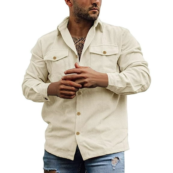 Miluxas Men's Corduroy Button Jacket Long Sleeve Striped Casual Vintage Double Pocket Work Top Shirt Beige