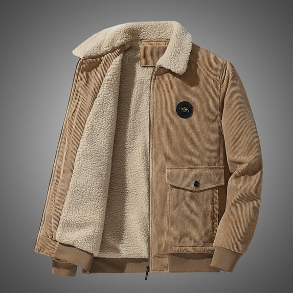 Miluxas Men's Corduroy Jacket Sherpa Lined Trucker Jackets Cotton Turn-Down Collar Warm Winter Jacket Casual Coat Khaki XXXL