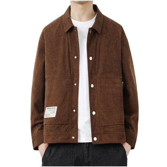 Miluxas Men's Corduroy Lapel Jacket Coat Solid Color Long Sleeve Loose Casual Outerwear Top Coffee
