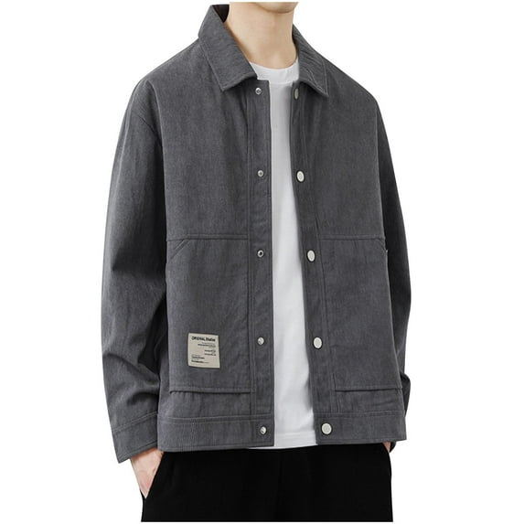 Miluxas Men's Corduroy Lapel Jacket Coat Solid Color Long Sleeve Loose Casual Outerwear Top Gray