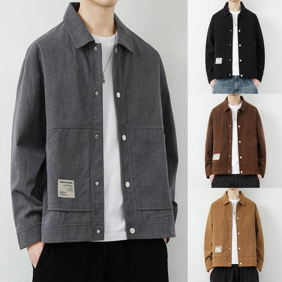 Miluxas Men's Corduroy Lapel Jacket Coat Solid Color Long Sleeve Loose Casual Outerwear Top Yellow