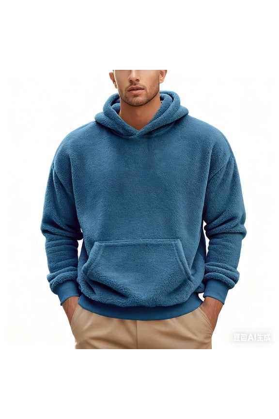 Men's Corduroy Pullover Hoodies Vintage Drawstring Hooded Sweatshirts Fall Winter Loose Soft Pullover Sweater with Pocket Blue