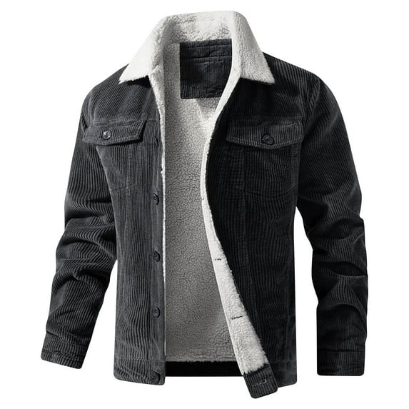 Miluxas Men's Corduroyolid color jacket with multiple pockets, long sleeves and no hat, casual jacket Gray