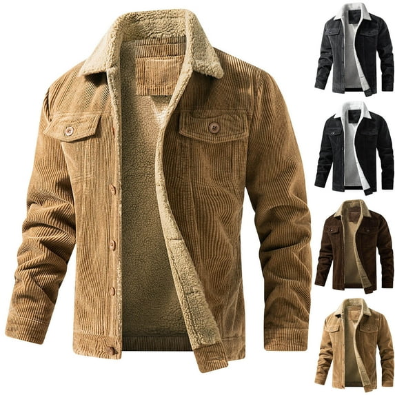 Miluxas Men's Corduroyolid color jacket with multiple pockets, long sleeves and no hat, casual jacket Khaki