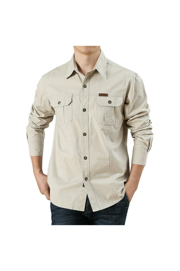 Men's Cotton Button Down Shirts Jackets Casual Long Sleeve Shacket Lightweight Overshirts with Flap Pockets Beige