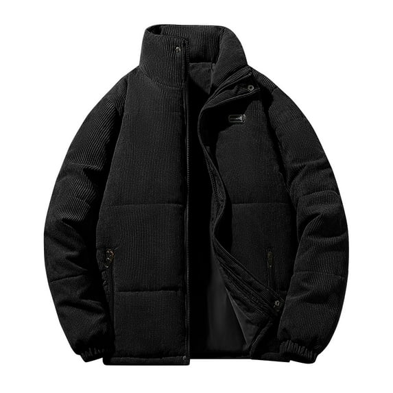 Miluxas Men's Cotton Corduroy Jackets Winter Fashion Solid Color Zipper Warm Parkas Windbreaker Long Sleeves Hooded Coat Outwear Black