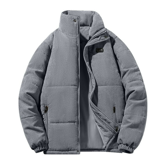 Miluxas Men's Cotton Corduroy Jackets Winter Fashion Solid Color Zipper Warm Parkas Windbreaker Long Sleeves Hooded Coat Outwear Gray