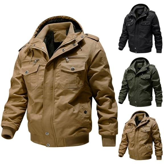 Miluxas Men's Cotton Lightweight Jacket Military Canvas Field Coat Work Outwear Casual Spring Cargo Jacket with Hooded Khaki