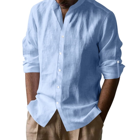 Miluxas Men's Cotton Linen Long Sleeve Shirts Casual Button Down Banded Collar Shirt Beach Summer Tops Light Blue XL(XL)