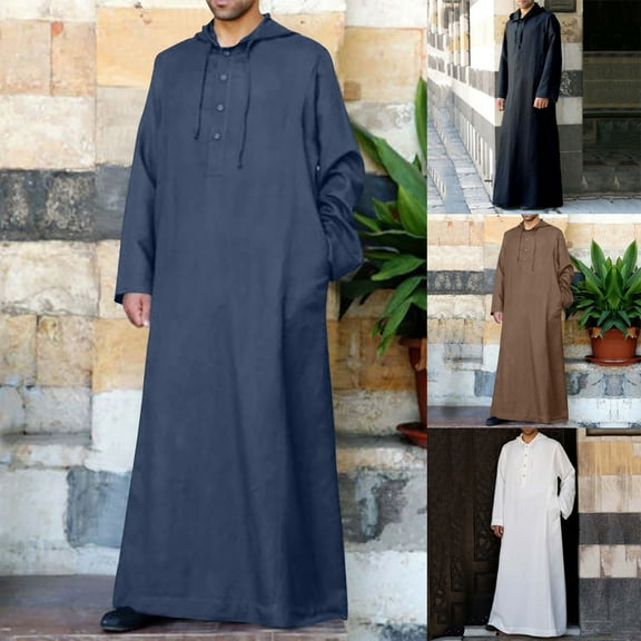 Miluxas Men's Cotton Linen Robe Casual Kaftan Thobe Long Gown Hoodie Drawstring Retro Long Sleeve White