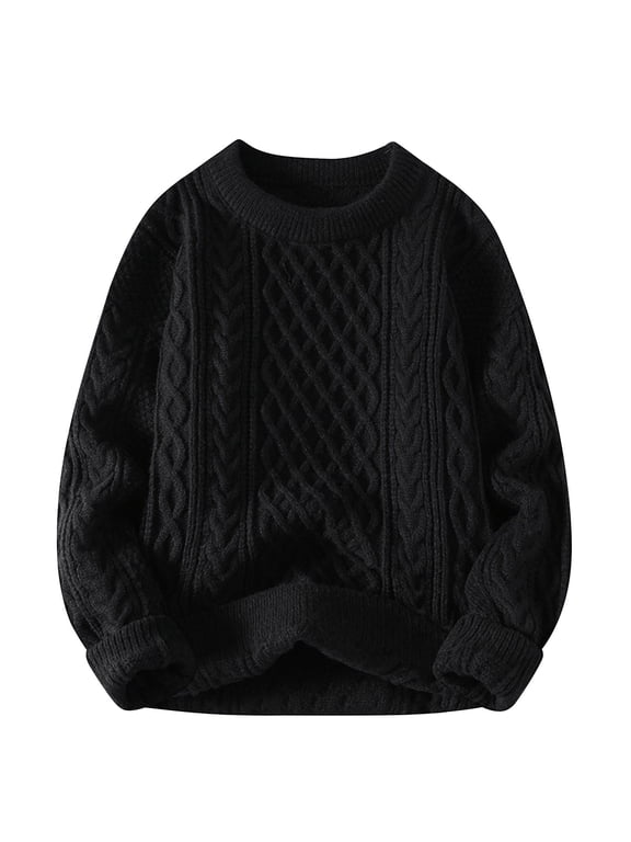 Men's Crewneck Pullover Sweater Chunky Cable Knit Sweater Classic Casual Sweaters with Ribbing Edge Black