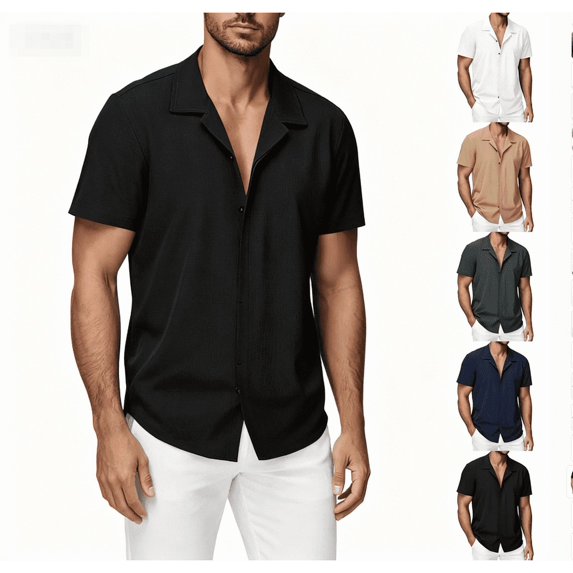 Miluxas Men's Cuban Collar Short Sleeve Shirt, Casual Button-Down Crinkle Texture Top, Lightweight Summer Camp Shirt White XL(XL)