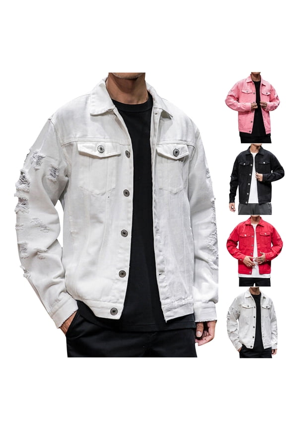 Men's Denim Jacket Distressed Ripped Slim Fit Stretch Trucker Jackets Classic Casual Denim Coat White