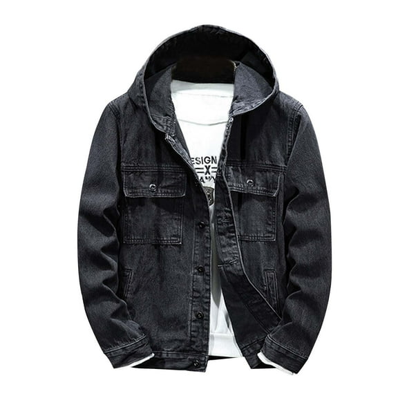 Miluxas Men's Denim Jackets Fashion Solid Color Hooded Jean Sweatshirt Pocket Long Sleeves Hoodies Cargo Coat Tops Black