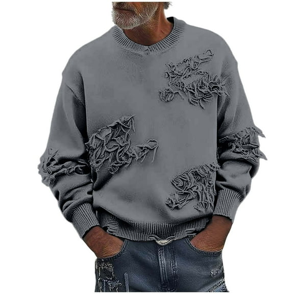 Miluxas Men's Distressed Sweater Crew Neck Long Sleeve Pullovers Knit Top Streetwear Gray L(L)