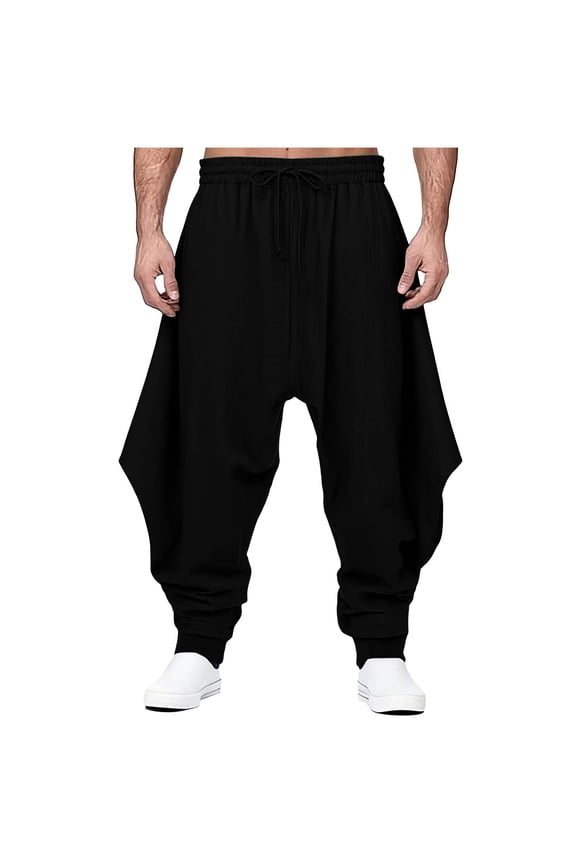 Men's Drawstring Aladdin Hippie Harem Pants Loose Drop Crotch Trousers Black