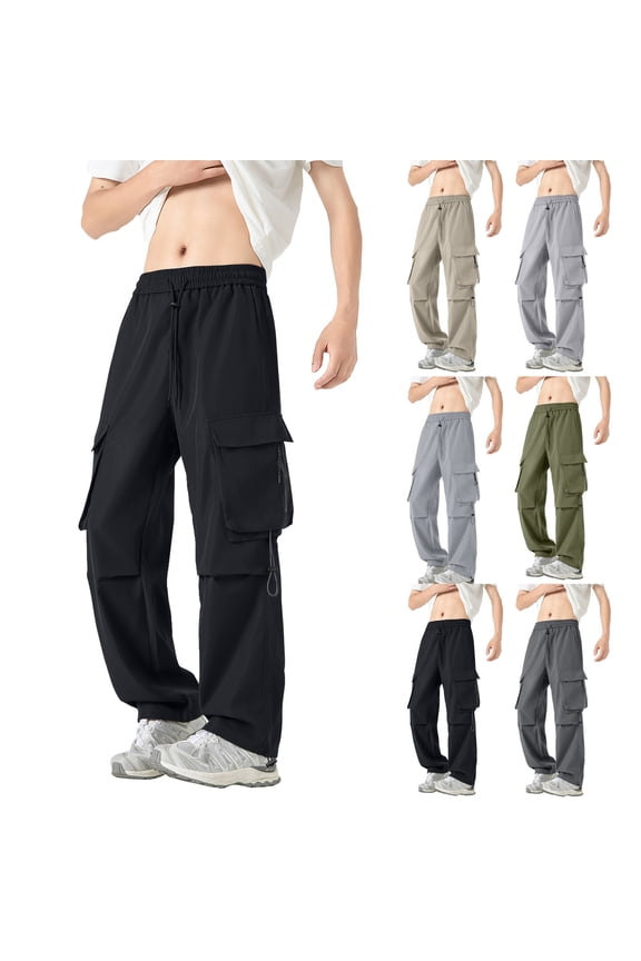 Men's Drawstring Waist Flap Pockets Cargo Pants Straight Leg Street Casual Pants White