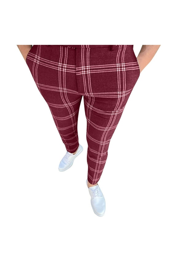 Men's Dress Pants Plaid Skinny Slim Fit Dress Pants Stretch Regular Fit Business Casual Fashion Golf Pencil Chinos Pants Red