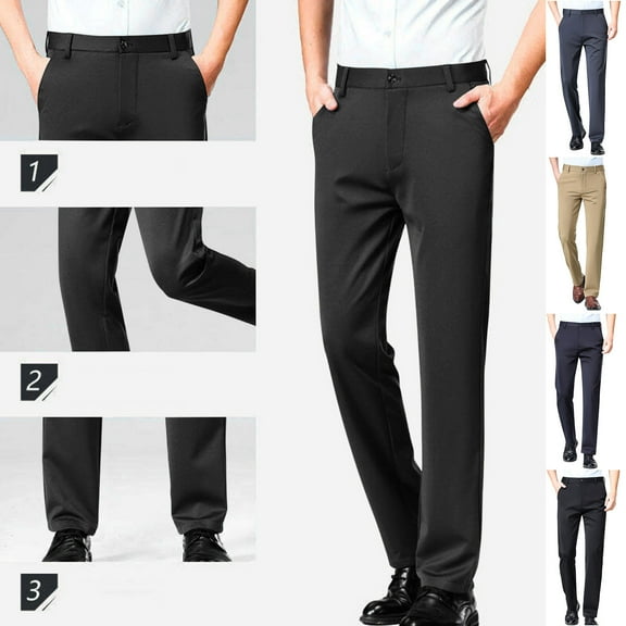 Miluxas Men's Elastic Suit Pants Casual High Waist Straight Loose Wide Leg Solid Color Business Trousers with Pockets Navy