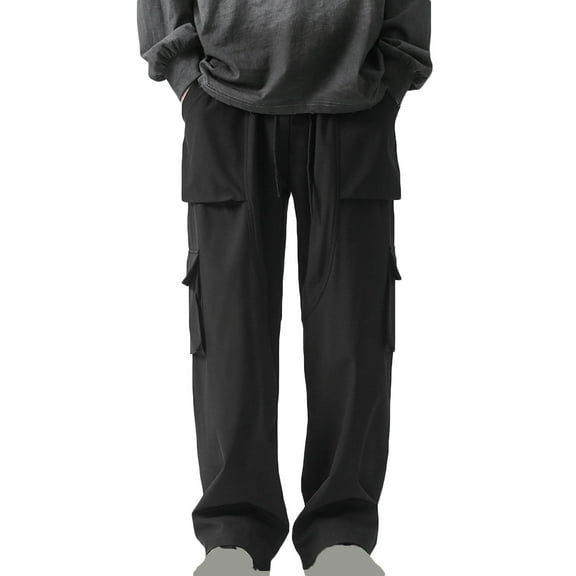 Miluxas Men's Elastic Waist Cargo Pants Casual Loose Fit Lightweight Workwear Pull On Multi Pockets Pants Black
