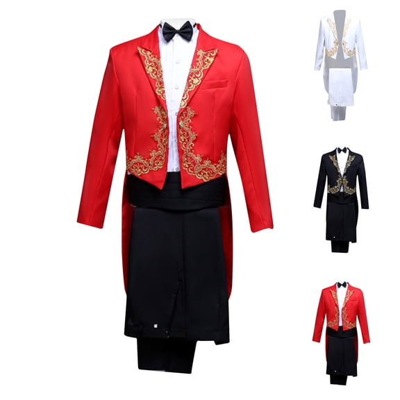 Miluxas Men's Embroidered Dress Dress Stage Tailcoat Button Long Sleeve Pants Suit Set White