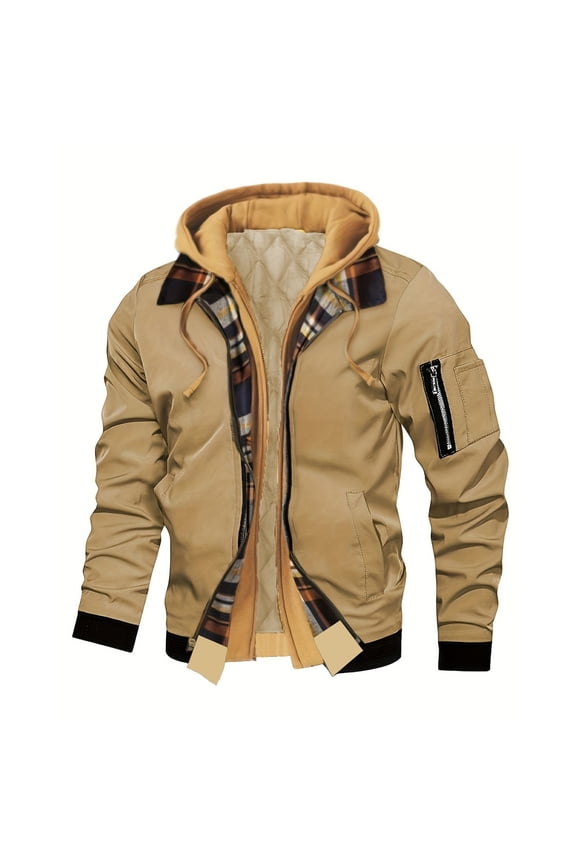 Men's Fake-Two-Piece Hooded Jackets Outdoor Casual Long Sleeve Full Zip Sport Coat Fall Winter Outerwear with Pockets Khaki