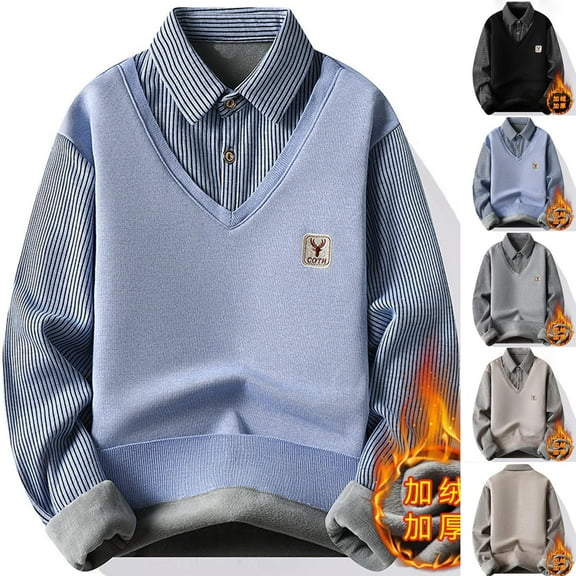 Miluxas Men's False Two Piece Lapel Knit Sweater,Striped Lapel False Two Piece Knit Sweater,Men's Lapel Sweater Gray XL(XL)