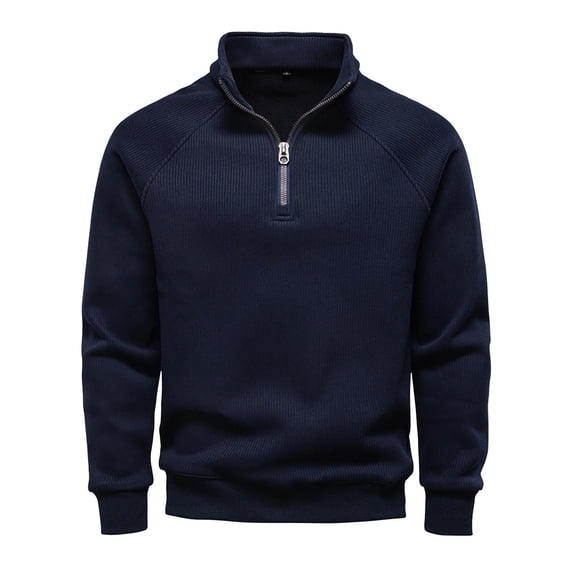 Miluxas Men's Fashion Casual Solid Color Long Sleeve Zipper Casual Outwear Turndown Collar Sweater Navy