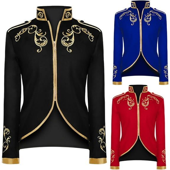 Miluxas Men's Fashion Coat Halloween Retro England Style Zippers Stitching Suit Gold Embroidered Long Sleeve Tuxedo Jacket Red
