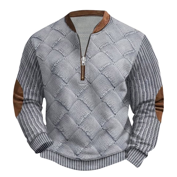 Miluxas Men's Fashion Half Zip Round Neck Shirt Retro Colorblock Long Sleeve Top Casual Loose Round Neck Pullover Shirts Gray
