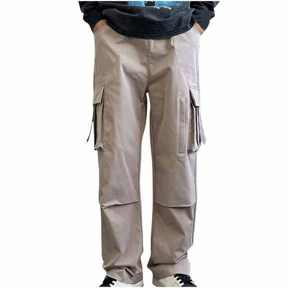 Miluxas Men's Fashion Solid Color Button Zipper Cargo Pants Loose Wide Leg Straight Trousers Multi Pockets Hiking Pants Khaki