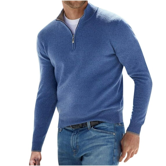 Miluxas Men's Fashion Wool Sweater Stand Up Collar Solid Long Sleeved Knitted Pullovers Navy 10(XL)