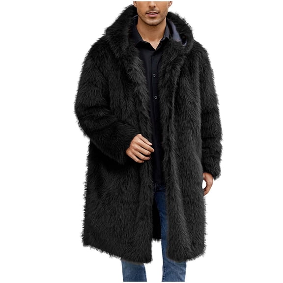 Miluxas Men's Faux Fur Coat Open Front Thicken Warm Winter Overcoat Luxury Fluffy Soft Lapel Long Jackets Parka Outwear Black 8(L)