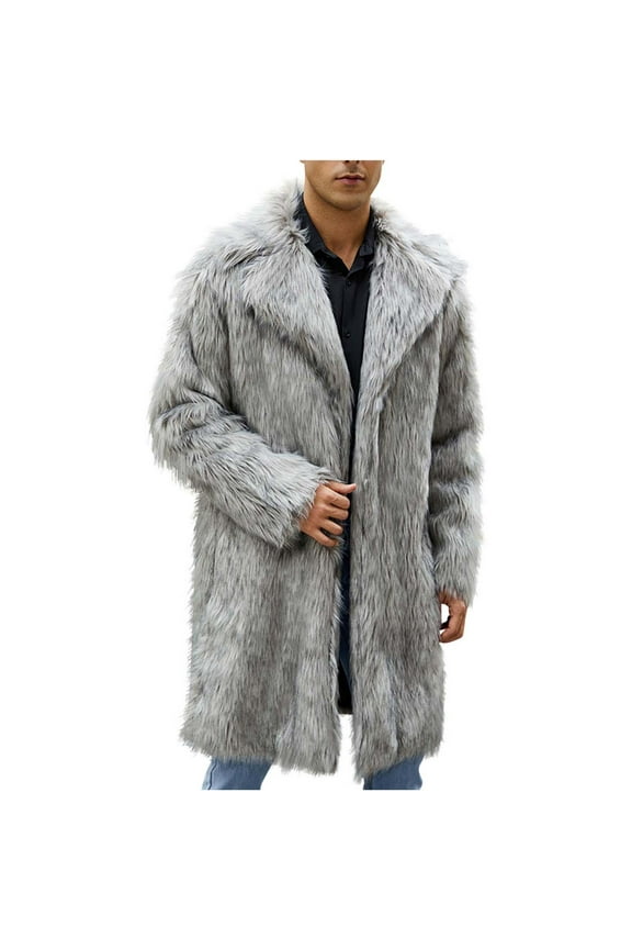 Men's Faux Fur Coat Open Front Thicken Warm Winter Overcoat Luxury Fluffy Soft Lapel Long Jackets Parka Outwear Gray 8(L)