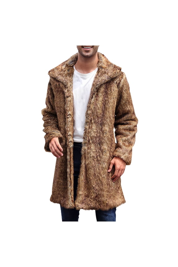 Men's Faux Fur Coat Jacket Winter Warm Thick Coat Outwear Long Parka Overcoat Orange 6(M)