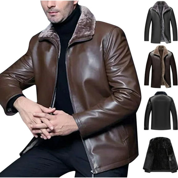 Miluxas Men’s Faux Fur Leather Jacket Autumn Winter Fleece Lined Coat Vintage Bomber Jacket Brown
