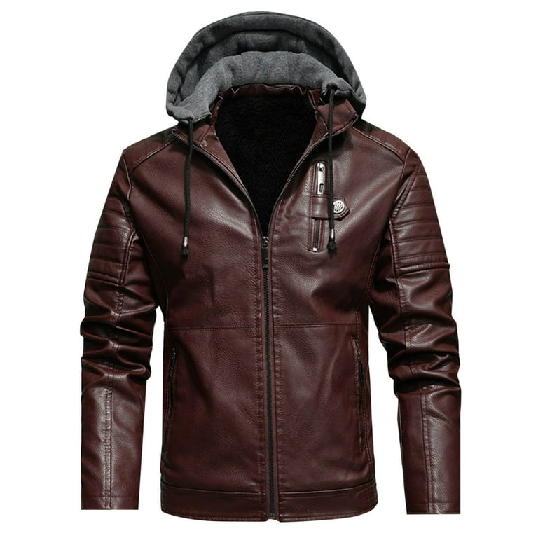 Miluxas Men s Faux Leather Jacket Motorcycle Jacket Waterproof Windproof PU Moto Vintage Bomber Hoodie with Hood Wine 4 S Walmart