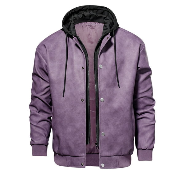Miluxas Men's Faux Leather Jacket Motorcycle Jacket Waterproof Windproof PU Moto Vintage Bomber Hoodie with Removable Hood Purple