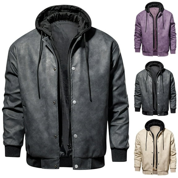 Miluxas Men's Faux Leather Jacket Motorcycle Jacket Waterproof Windproof PU Moto Vintage Bomber Hoodie with Removable Hood White