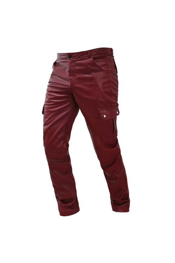Men's Faux Leather Pants - Steampunk Goth Trousers with Slim Fit and Pockets Red