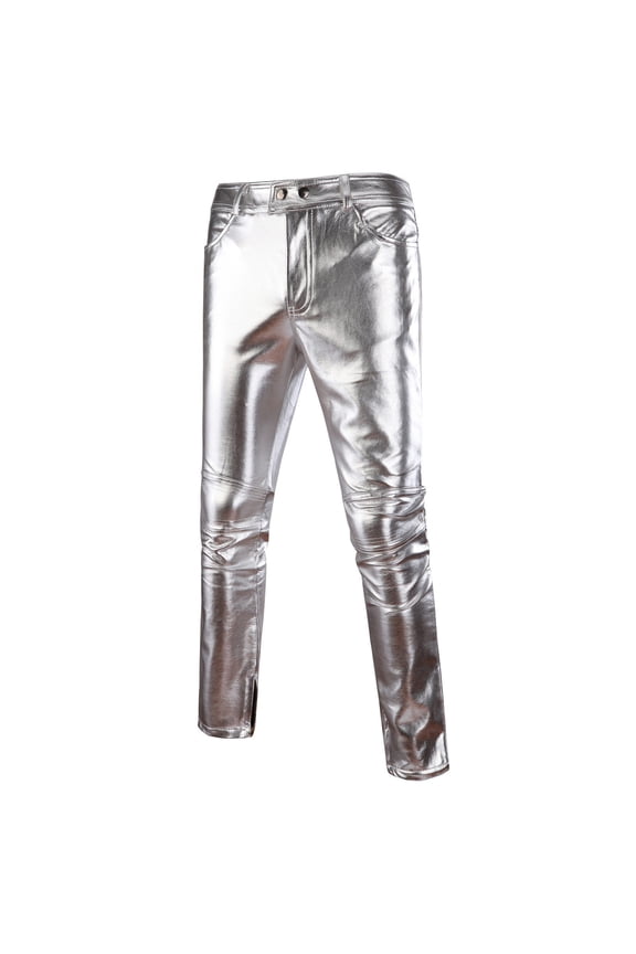 Men's Faux PU Leather Skinny Slim Fit Straight Leg Metallic Biker Pants Silver 10(XXL)