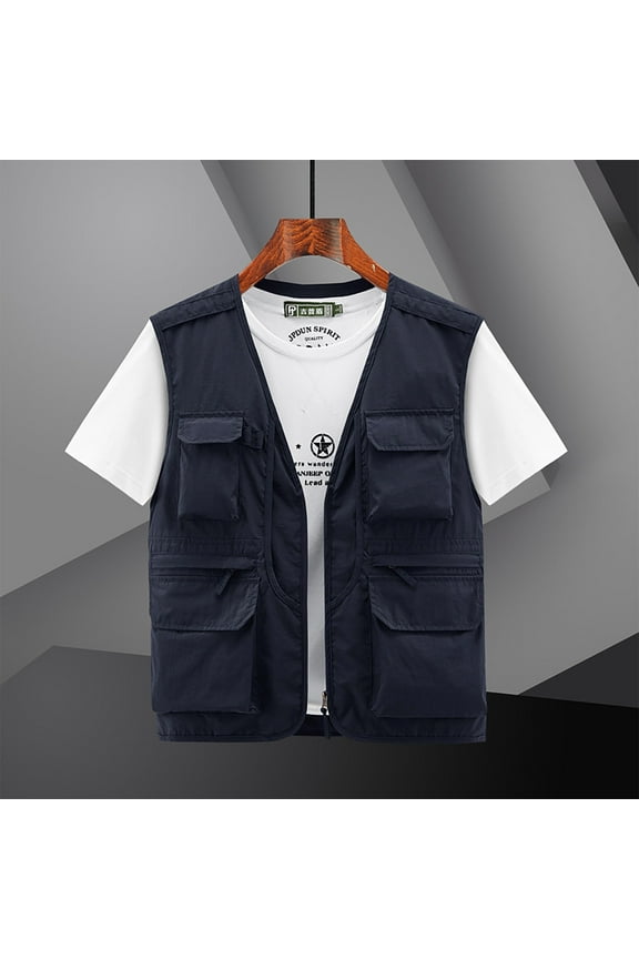 Men’s Fishing Vest Summer Outdoor Work Safari Travel Photo Vests with Multi Pockets for Men Dark Blue 4(L)