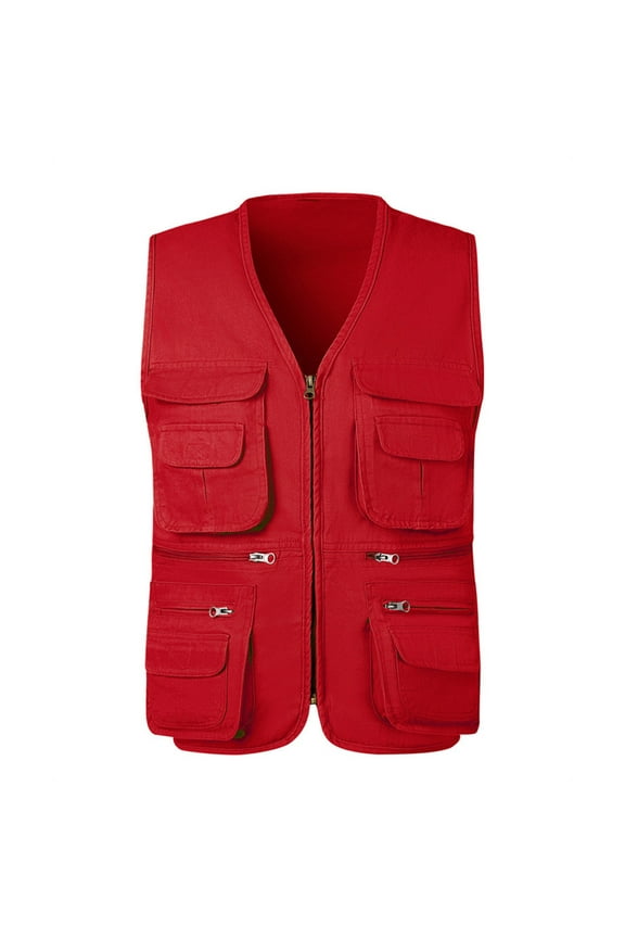 Men's Fishing Vest Utility Summer Vests with Pockets for Travel Outdoor Work Photo Cargo Fly Red L(L)