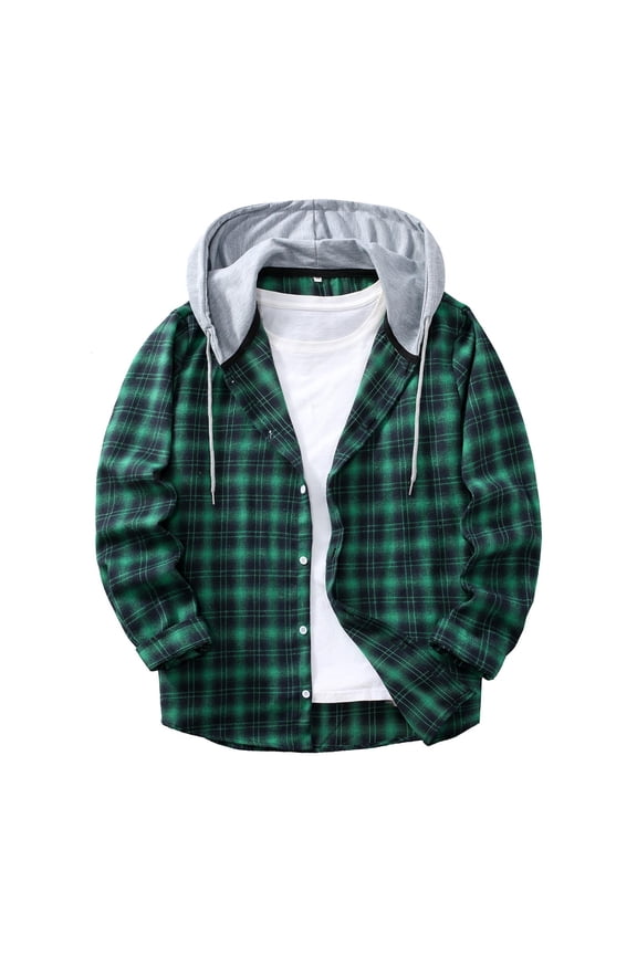 Men's Flannel Shirt Plaid Hoodie Fall Casual Button Down Shirt Jackets Long Sleeve Stylish Hooded with Pocket Green