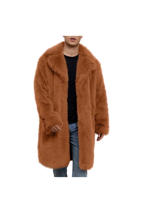 Men's Fleece Coat Winter Long Faux Mink Coat Fluffy Thick Trench Coat for Men Orange S(S)