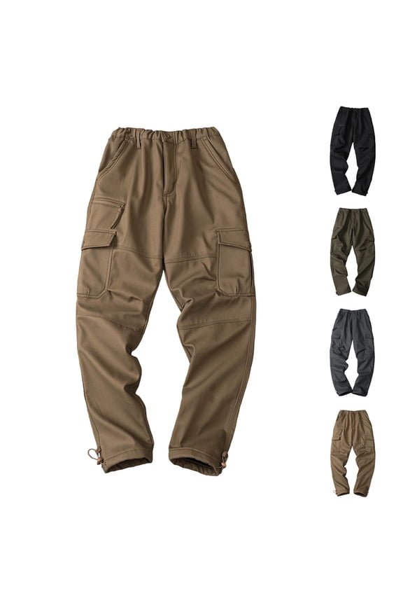 Men's Fleece Lined Tactical Pants Waterproof Hiking Pants Casual thermal Cargo Pants Winter Insulated Work Pants Khaki