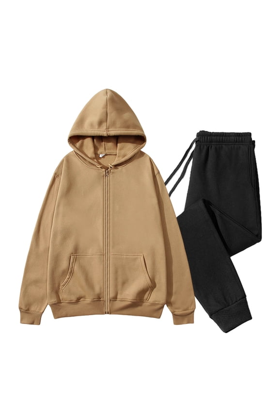 Men's Fleece Sweat Track Suit Hooded Winter Warm Up Jogger Workout Athletic Tracksuits Sweatsuits 2 Piece Set Khaki