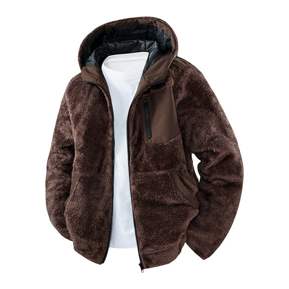 Miluxas Men's Fleece Thick Jacket Hooded Long Sleeve Coat Zip Up Loose Fit Warm Casual Jacket with Pockets Coffee XL(XL)